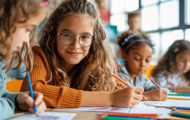 Teacher Assisting Multiethnic Children with Colorful Drawing Projects in Classroom on a Sunny Day