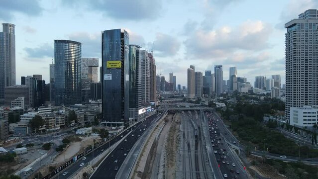 Aerial video above the skyscrapers of the city of Tel Aviv Jaffa, Israel