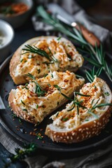 Classic Cream Cheese Bagel : A perfectly toasted bagel sliced in half, generously spread with smooth cream cheese, served on a dark plate.