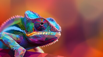 Fototapeta premium Minimalistic chameleon wearing sunglasses, faceted vector art, digital and abstract style, solid color backdrop, panoramic view
