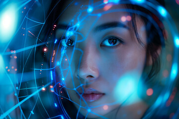 Futuristic Woman with Digital Overlay and Blue Lights in Sci Fi Tech Environment
