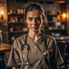 A nurse wearing an apron and stethoscope at home beautiful woman