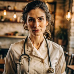 A nurse wearing an apron and stethoscope. face reaction emotion home. beautiful woman