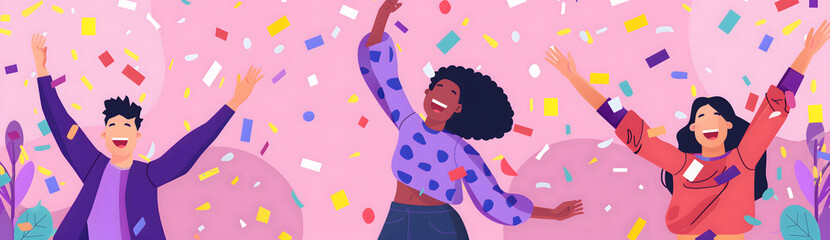 Trois personnes festives avec les bras en l'air et des confettis