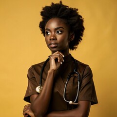 A nurse wearing an apron and stethoscope. face reaction thinking on a solid background. beautiful woman