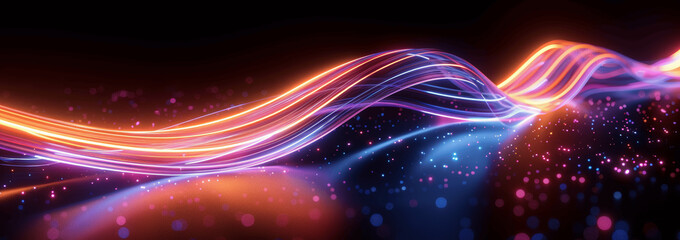 Obraz premium 3D Render of Curvy Neon Lines Glowing in Dark Room with Reflection - Futuristic Abstract Background for Digital Art