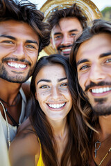 Fototapeta premium Diverse Friends Taking Selfie in Park Smiling and Having Fun Together - Happy Multiracial Young People Hanging Out Outdoors on Summer Day