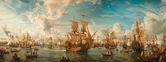 A painting of a large group of ships sailing in the ocean generated by AI