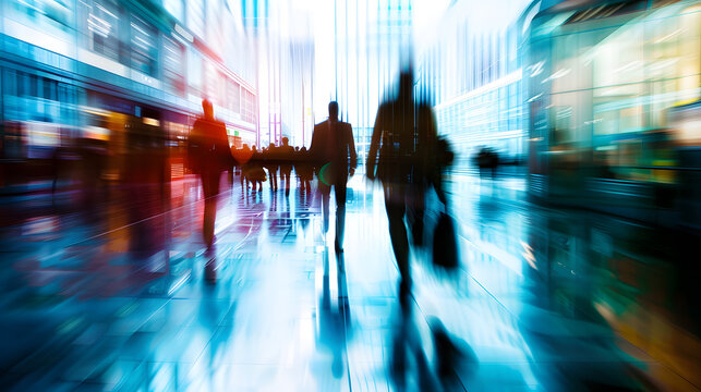 Abstract long exposure motion crowd of business people walking commercial centre corporate office in modern city downtown street. Fast pace busy crowded stress professional finance businessman