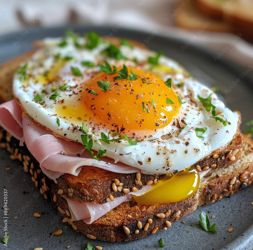 Wall mural fried egg ham and toast breakfast sandwich with herbs and spices