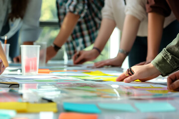 Fototapeta premium Collaborative Team Brainstorming Session with Colorful Sticky Notes and Documents