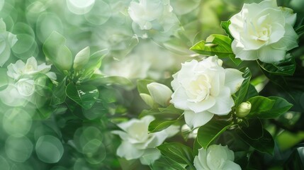 Obraz premium Beautiful close-up of blooming white gardenia flowers in soft green background, perfect for nature and floral-themed projects.