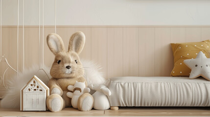 3D Rendering Cute Rabbit Children's Toys on Sofa Beige Wall Background Kids Room Display Mockup