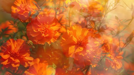 Vibrant marigold flowers in a warm, dreamy light, showcasing their rich orange hues and delicate petals in a soft-focus setting.
