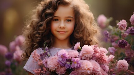 Fototapeta premium happy little girl holding huge bouquet of pink and purple flowers