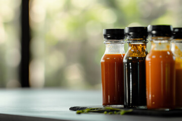 Assorted Sauce Bottles on Table with Blurred Outdoor Background