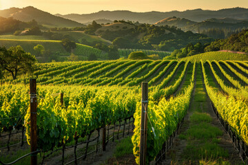 Fototapeta premium Beautiful Sunset Sky in Napa Valley Wine Country on Spring Vineyards , Mountains.