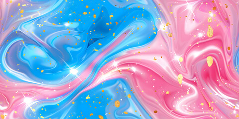 Seamless Abstract Liquid Wave Marble Pattern Red or Pink and Ocean Blue Painting Background Print With Rose Gold Glitter Splatter Texture. HD Landscape Wallpaper Used for Tiles, Packaging, Background