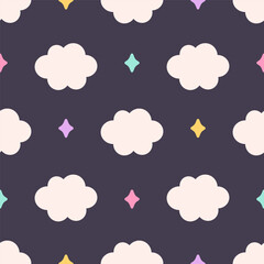 Seamless pattern with stars and clouds. Print for wallpaper, textile, fabric, wrapping paper. Vector illustration in flat style