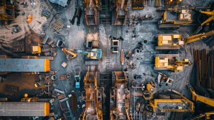 Fototapeta premium Drone overview of a heavy machinery manufacturing facility, large equipment visible from above