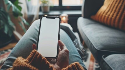 Mockup a woman holding a blank white screen cell phone