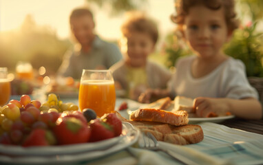 A warm family breakfast with fresh juice and fruits outdoors during sunny morning, capturing joyful moments and healthy eating habits. - Powered by Adobe