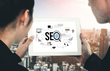 SEO search engine optimization for modish e-commerce and online retail business showing on computer...