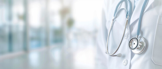 Doctor with stethoscope in a modern healthcare facility, representing medical expertise and professional healthcare services.