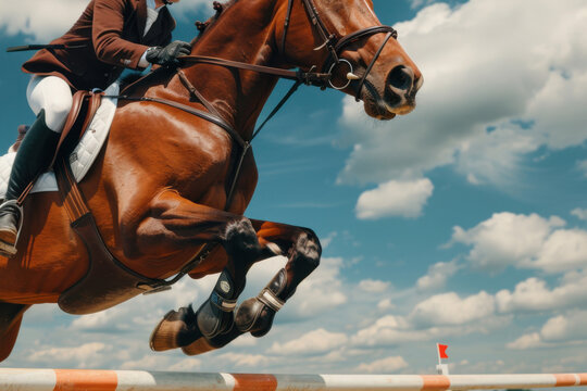 A rider on a jumping horse during an equestrian event, captured against a blue sky with clouds and a barrier in the background.
