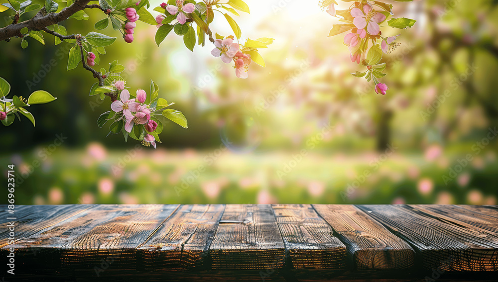 Canvas Prints spring background with wooden table and blurred green landscape featuring blossoming apple tree for 