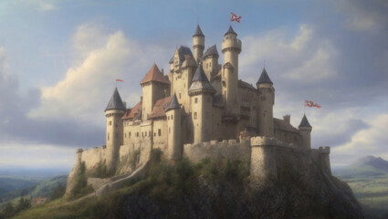 ancient Scotland castle in mountains under cloudy sky