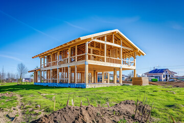 Obraz premium A two-story wooden house under construction on a sunny day, showcasing the framework and progress of residential building. 
