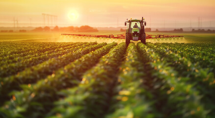 Fototapeta premium A tractor moves across a green field, spraying crops at sunset. The scene captures the essence of modern agriculture and the beauty of rural landscapes