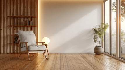 Modern Minimalist Living Room with Armchair Lamp Bookcase Wooden Floor White Wall 3D Render