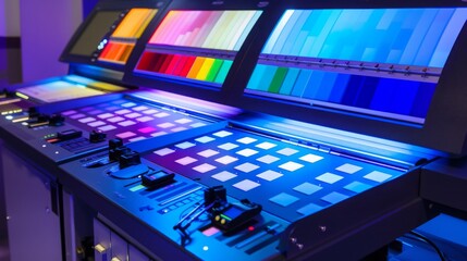 A close-up shot of a professional color calibration system with a control panel. The image shows a variety of color swatches and a control panel with buttons and knobs for adjusting color settings.