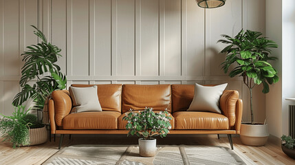 Scandinavian Beige Living Room with Brown Leather Sofa and White Wooden Paneling