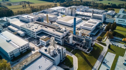 A large industrial plant with many tanks and pipes. Scene is industrial and somewhat ominous
