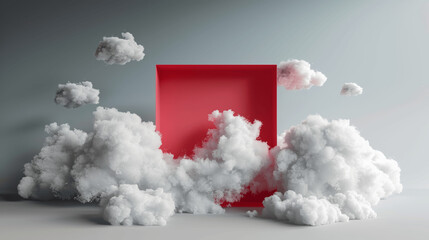 3D render, red rectangle mockup, white clouds floating, grey background, minimalistic scene, flat lay composition, geometric wallpaper