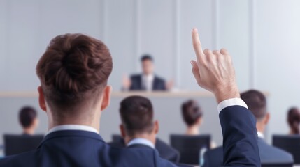 Professional business seminar with diverse audience, everyone raising hands to vote on a critical decision, serious expressions, business attire, conference room setting, presenter at the front