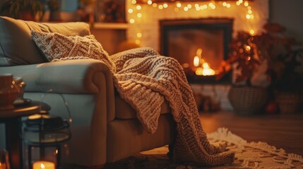 A cozy living room with a fireplace and a couch covered in a knitted blanket