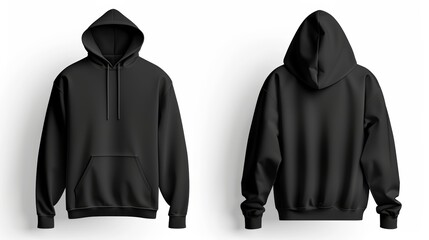 Set of Black front and back view tee hoodie hoody sweatshirt on white background cutout. Mockup template for artwork graphic design