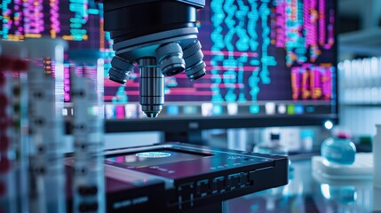 Close-up of a DNA sequencing machine processing genetic samples in a laboratory, with colorful graphs and data displayed on monitors in the background.