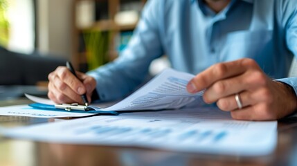 Businessman reviewing financial reports at a desk in a contemporary office setting holding a pen and analyzing data with blurred background