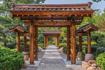 Naklejka premium Wooden Torii gate in a Japanese garden, framed by lush greenery, traditional architectural elements, and serene landscape. Pathway leads through multiple gates, creating sense depth tranquility.