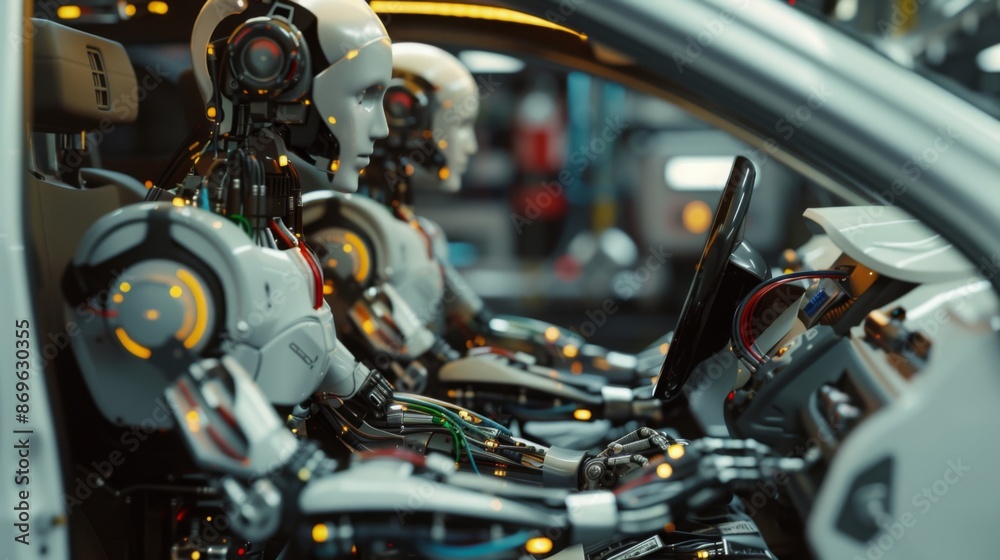 Poster Robots with human-like features drive cars on an assembly line in a factory with precision and care.