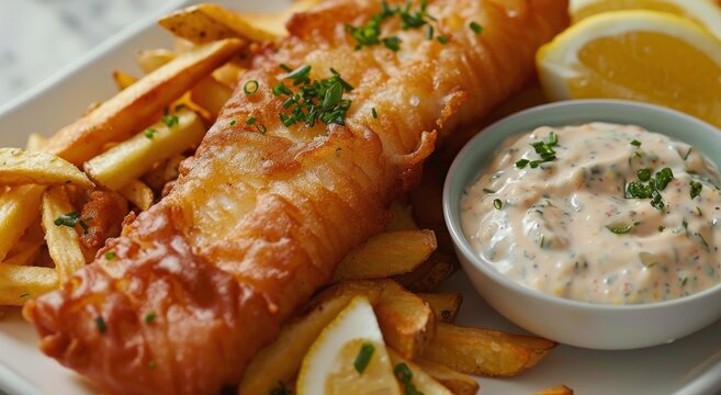 Crispy Fried Fish With Lemon and Parsley Served With French Fries and Creamy Sauce