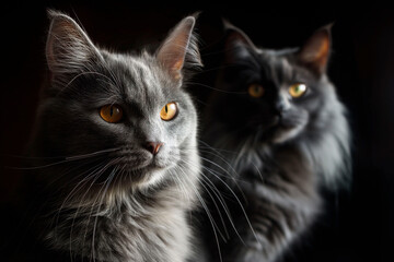 Two fluffy gray cats with bright yellow eyes, looking attentively into the distance