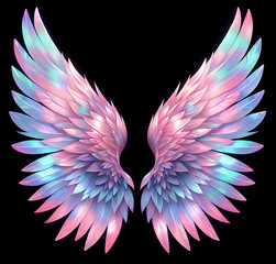 Obraz premium Watercolor illustration of pastel pink holographic angel feather wings on a white background