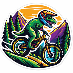 dinosaur riding a bike with mountain
