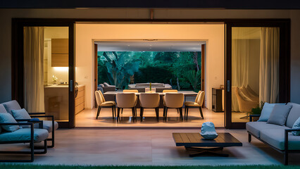 modern open plan dining room and lounge with large sliding glass doors